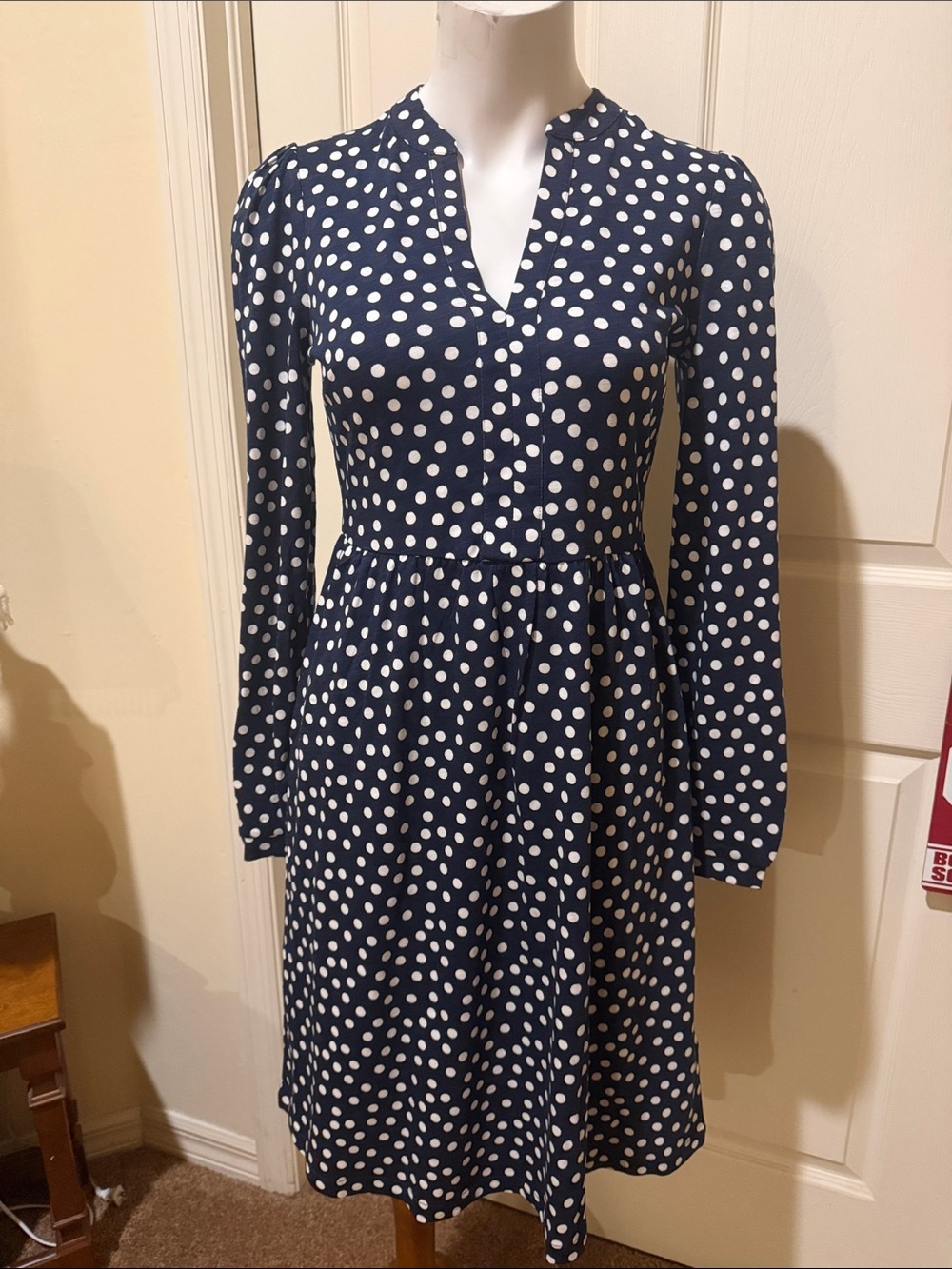 Boden Naomi Relaxed Jersey Navy Polka Dot Long-Sleeve Dress. NWT. US 2/UK 6